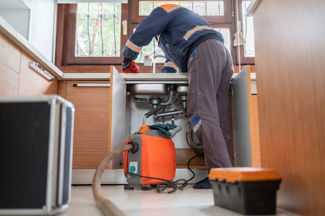 Loodgieter van een ontstoppingsbedrijf is bezig met een ontstoppingsdienst in de keuken.