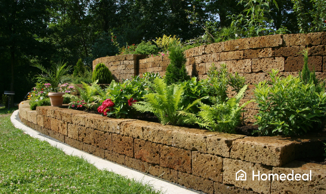 Tuinmuur met verschillende planten