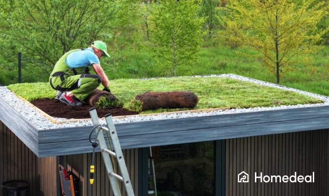 Vakspecialist legt een groendak aan op een tuinhuis